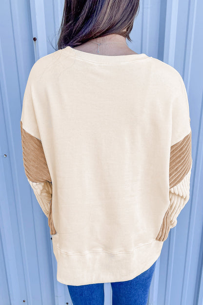 Apricot Corduroy Patchwork Drop Shoulder Long Sleeve Sweatshirt