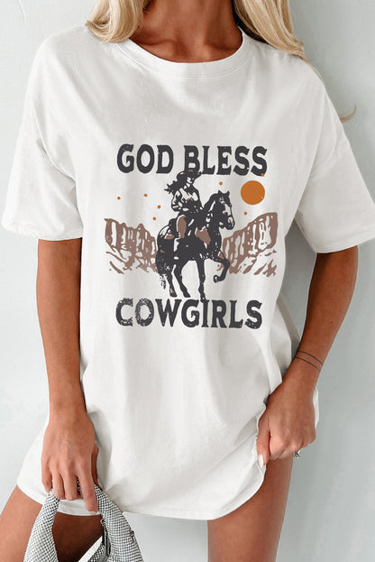 White GOD BLESS COWGIRLS Graphic Crewneck T Shirt