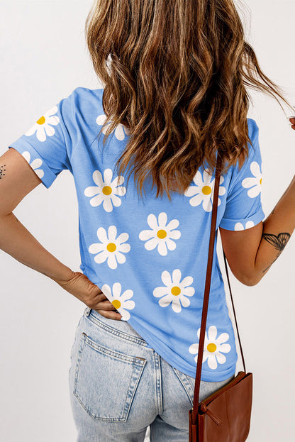 Sky Blue Daisy Printed Crewneck T Shirt