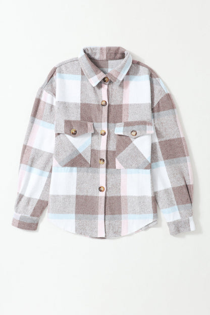 Pale Khaki Plaid Big Flap Pocket Amber Button Shacket