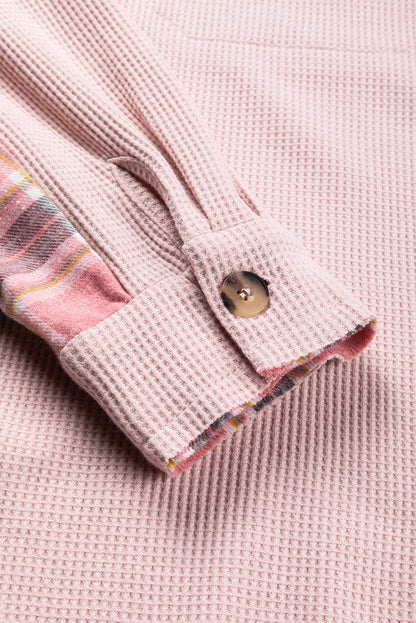 Apricot Pink Plaid Raw Edge High Low Waffle Knit Oversized Shacket