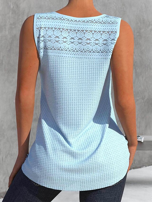 Women's Sweater Vest Jumper Waffle Knit Lace Trims Solid Color V Neck Stylish Casual Outdoor Daily Summer Spring White Light Blue S M L - LuckyFash™