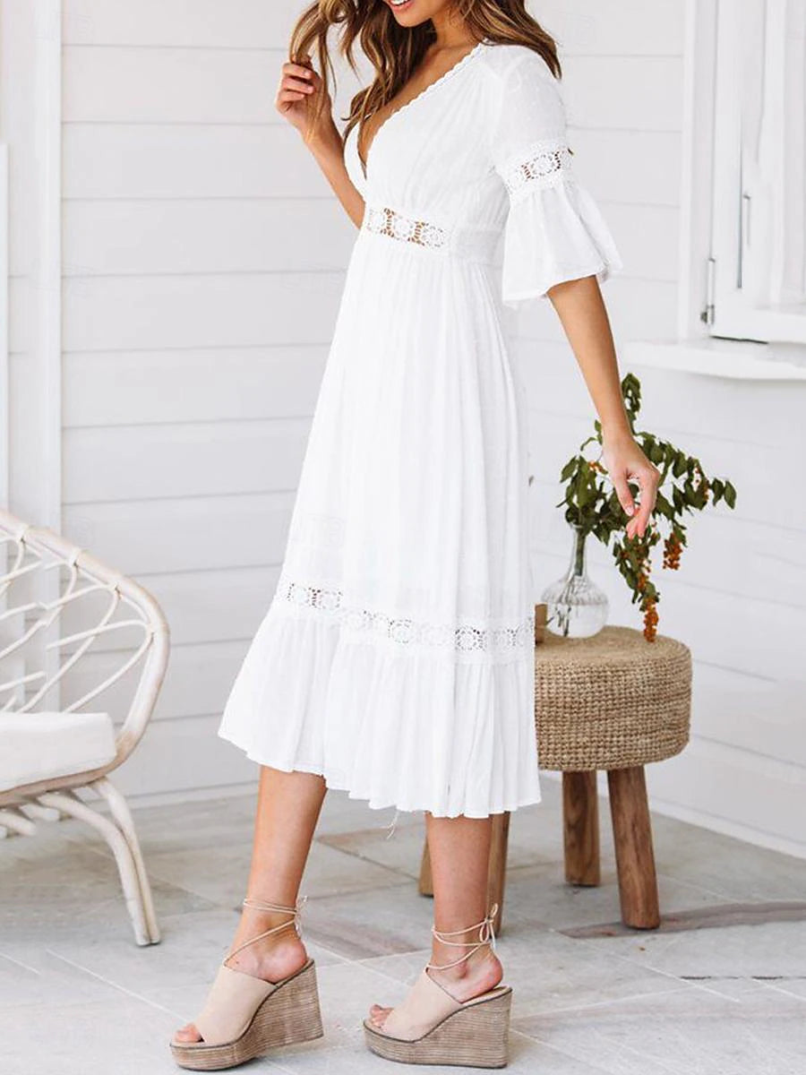 Women's White Dress Lace Dress Casual Dress Midi Dress Lace Patchwork Date Vacation Elegant Streetwear V Neck 3/4 Length Sleeve White Color