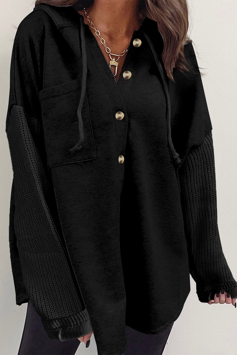 Black Button Up Contrast Knitted Sleeves Hooded Jacket