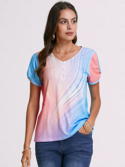 Women's T shirt Tee Ombre Color Gradient Vacation Button Cut Out Pink Short Sleeve Stylish Neon & Bright V Neck Summer