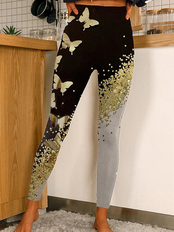 Women's Tights Normal Polyester Butterfly Black White Fashion Mid Waist Full Length Casual Weekend Summer Spring &  Fall