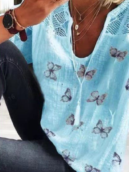 Casual Butterfly Printed Round Neck 3/4 Sleeve T-shirt