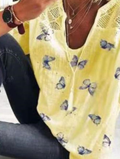 Casual Butterfly Printed Round Neck 3/4 Sleeve T-shirt