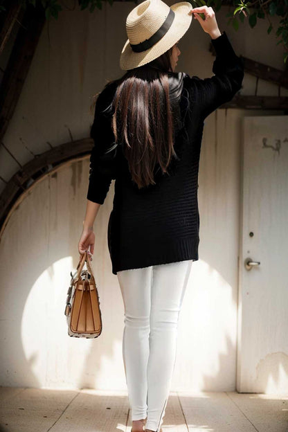 casual chunky knit mock neck long sleeve split pullover sweater 111576