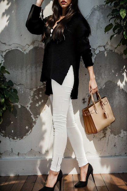 casual chunky knit mock neck long sleeve split pullover sweater 107447