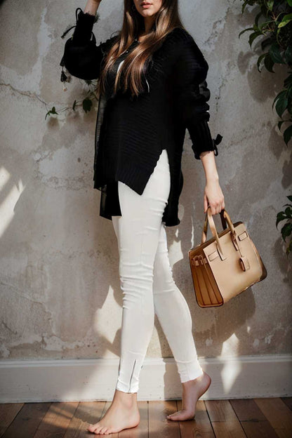 casual chunky knit mock neck long sleeve split pullover sweater 108788