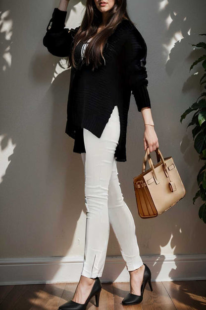 casual chunky knit mock neck long sleeve split pullover sweater 108787