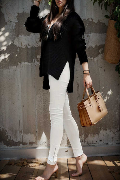 casual chunky knit mock neck long sleeve split pullover sweater 108786