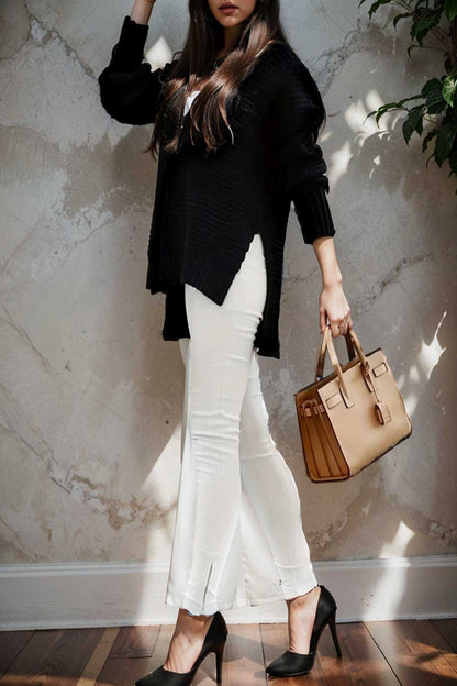 casual chunky knit mock neck long sleeve split pullover sweater 107442
