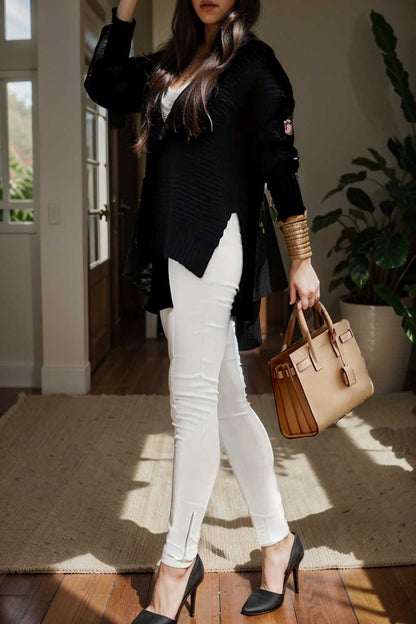 casual chunky knit mock neck long sleeve split pullover sweater 107439