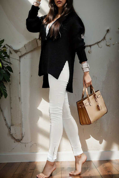 casual chunky knit mock neck long sleeve split pullover sweater 107437