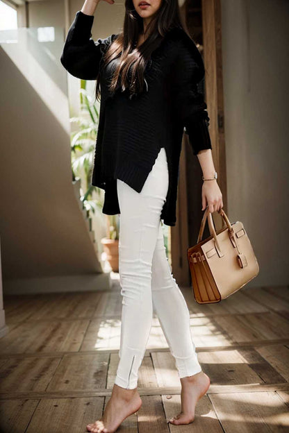 casual chunky knit mock neck long sleeve split pullover sweater 107436
