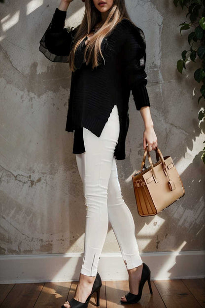 casual chunky knit mock neck long sleeve split pullover sweater 107435