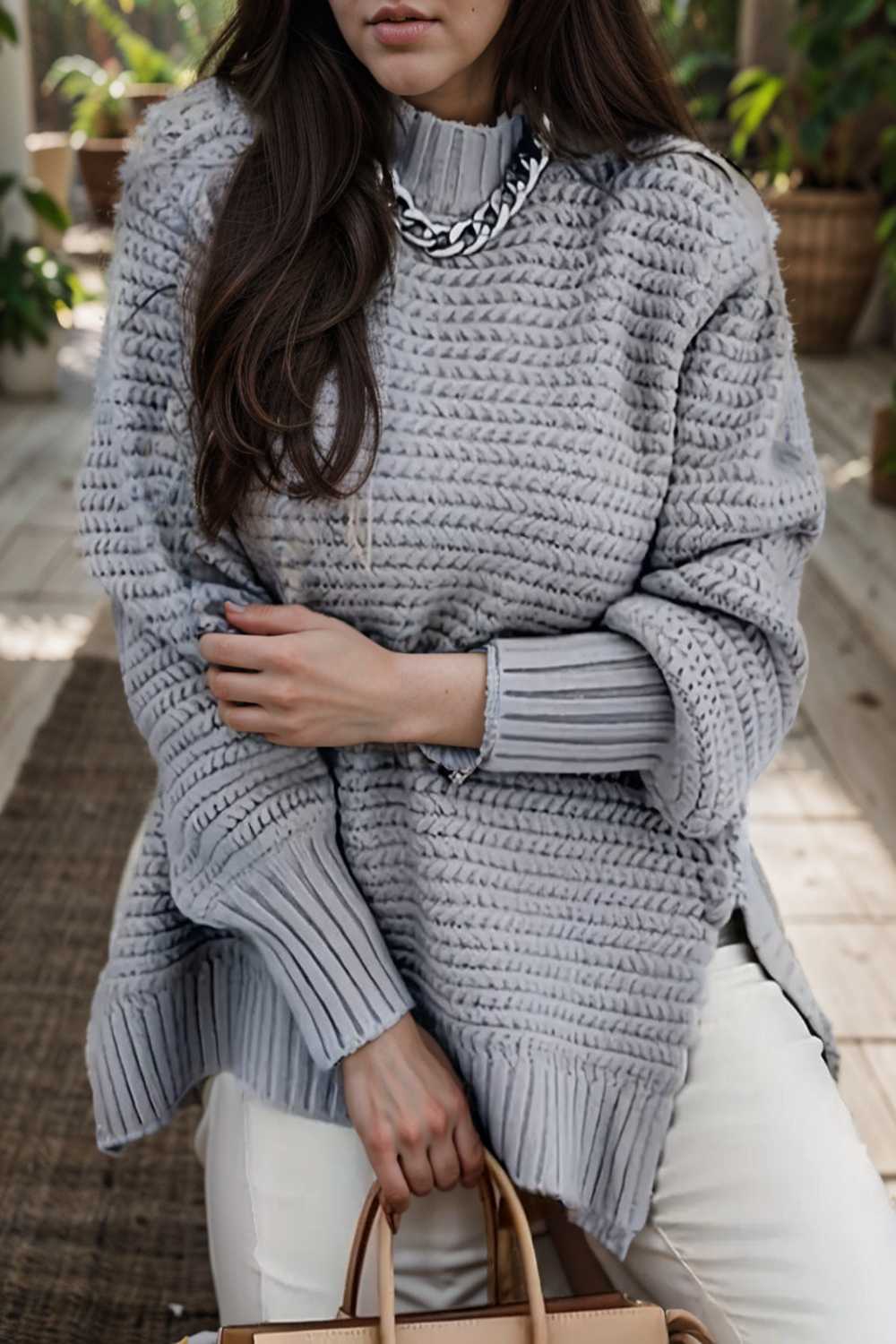 casual chunky knit mock neck long sleeve split pullover sweater 108783