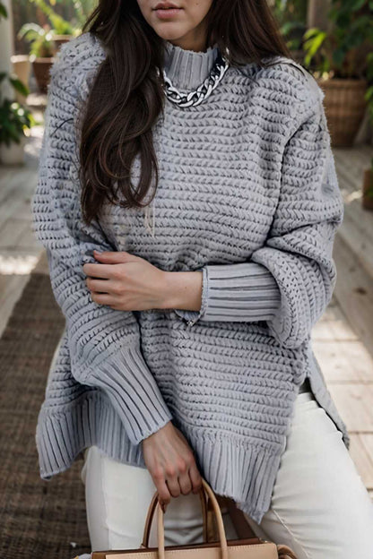 casual chunky knit mock neck long sleeve split pullover sweater 108783