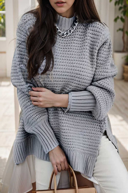 casual chunky knit mock neck long sleeve split pullover sweater 123089