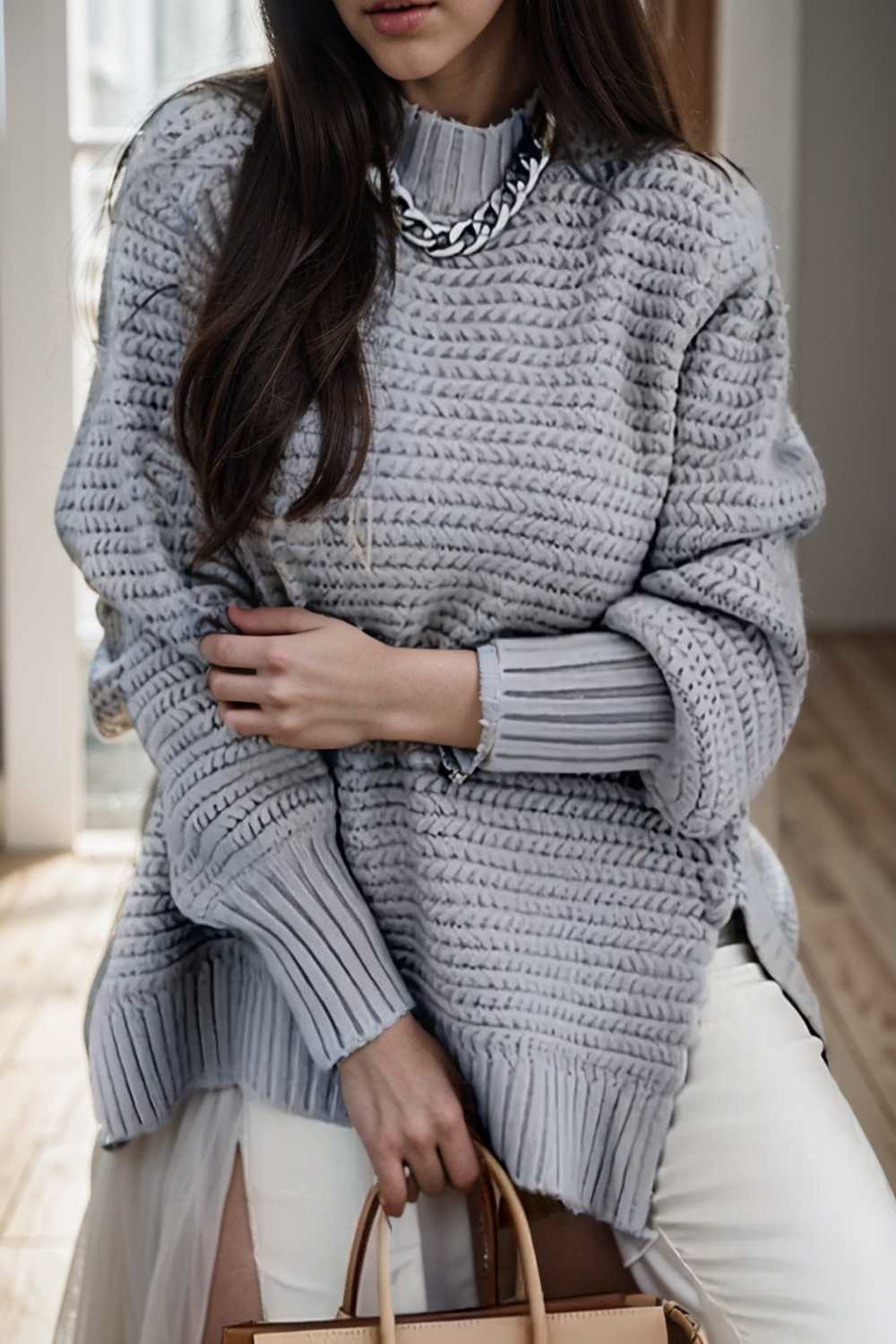 casual chunky knit mock neck long sleeve split pullover sweater 109082