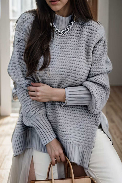 casual chunky knit mock neck long sleeve split pullover sweater 109082