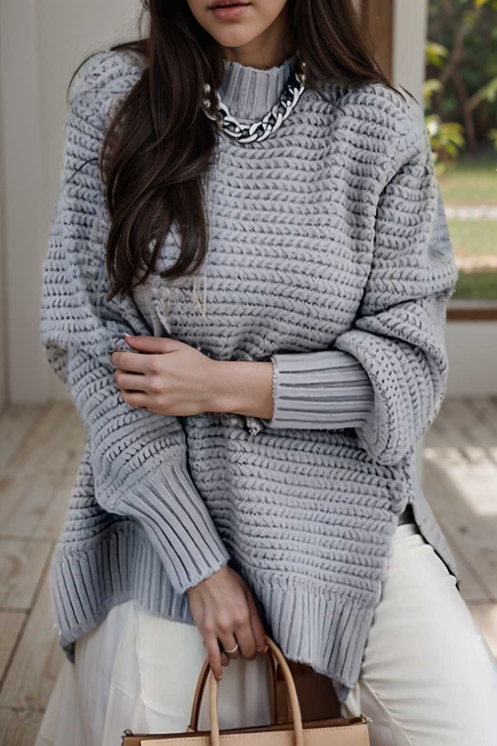 casual chunky knit mock neck long sleeve split pullover sweater 105605