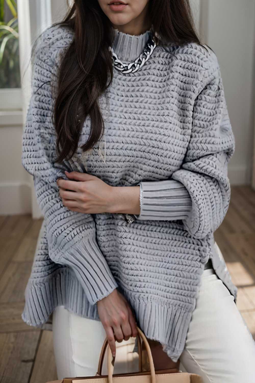casual chunky knit mock neck long sleeve split pullover sweater 108782