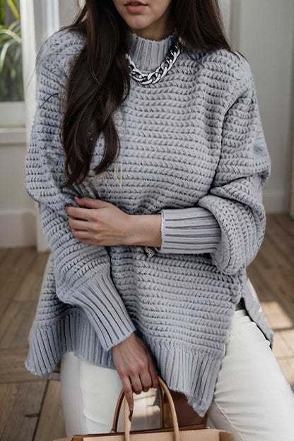 casual chunky knit mock neck long sleeve split pullover sweater 108782
