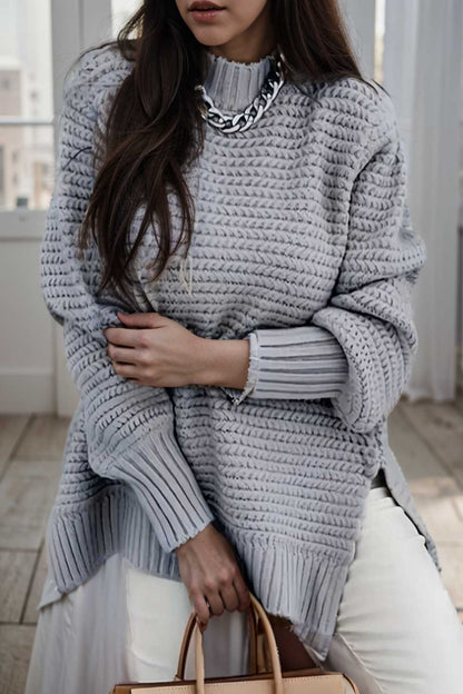 casual chunky knit mock neck long sleeve split pullover sweater 107433