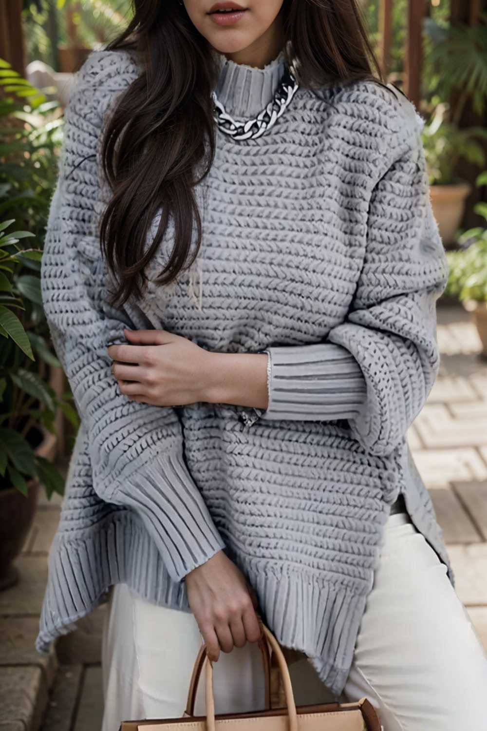 casual chunky knit mock neck long sleeve split pullover sweater 107239