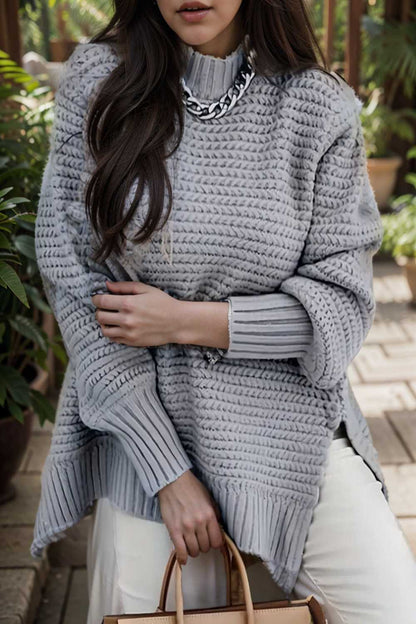 casual chunky knit mock neck long sleeve split pullover sweater 107239