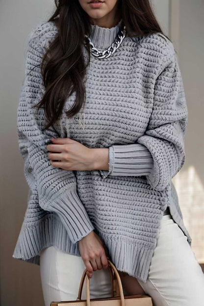casual chunky knit mock neck long sleeve split pullover sweater 108781