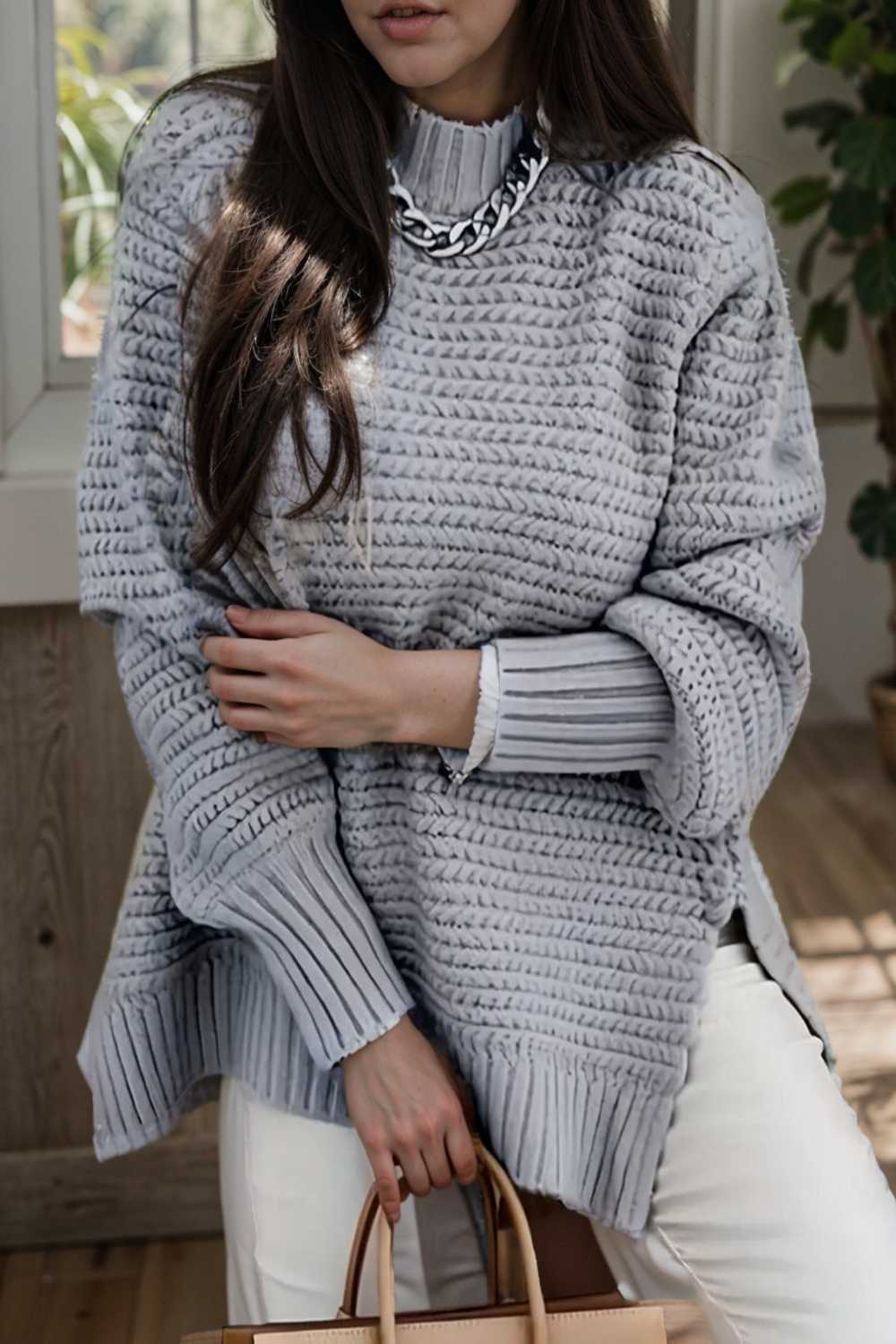 casual chunky knit mock neck long sleeve split pullover sweater 108780