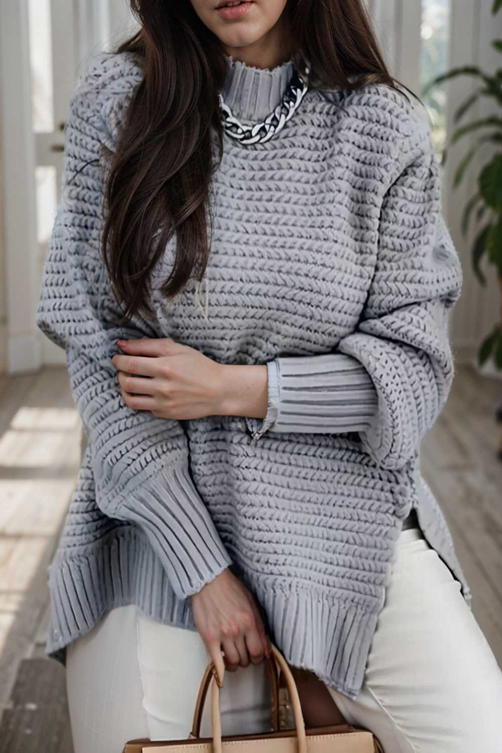 casual chunky knit mock neck long sleeve split pullover sweater 108779