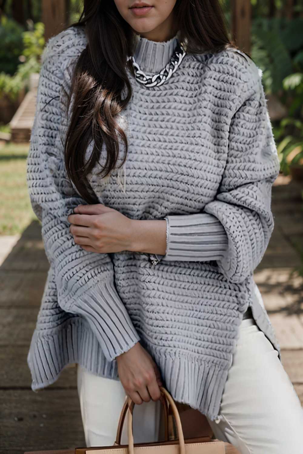 casual chunky knit mock neck long sleeve split pullover sweater 108778