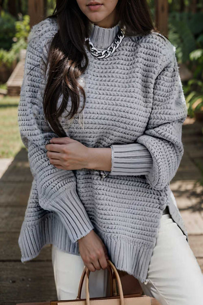casual chunky knit mock neck long sleeve split pullover sweater 108778