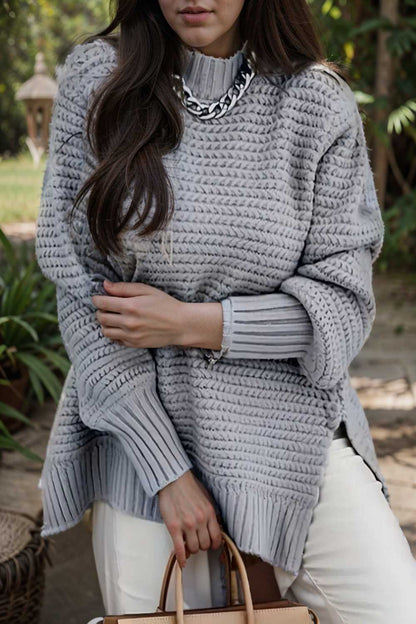 casual chunky knit mock neck long sleeve split pullover sweater 108777