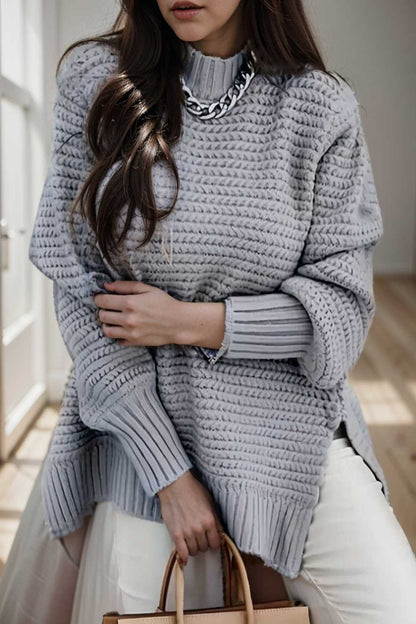 casual chunky knit mock neck long sleeve split pullover sweater 107422