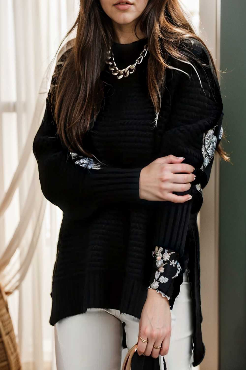 casual chunky knit mock neck long sleeve split pullover sweater 108776