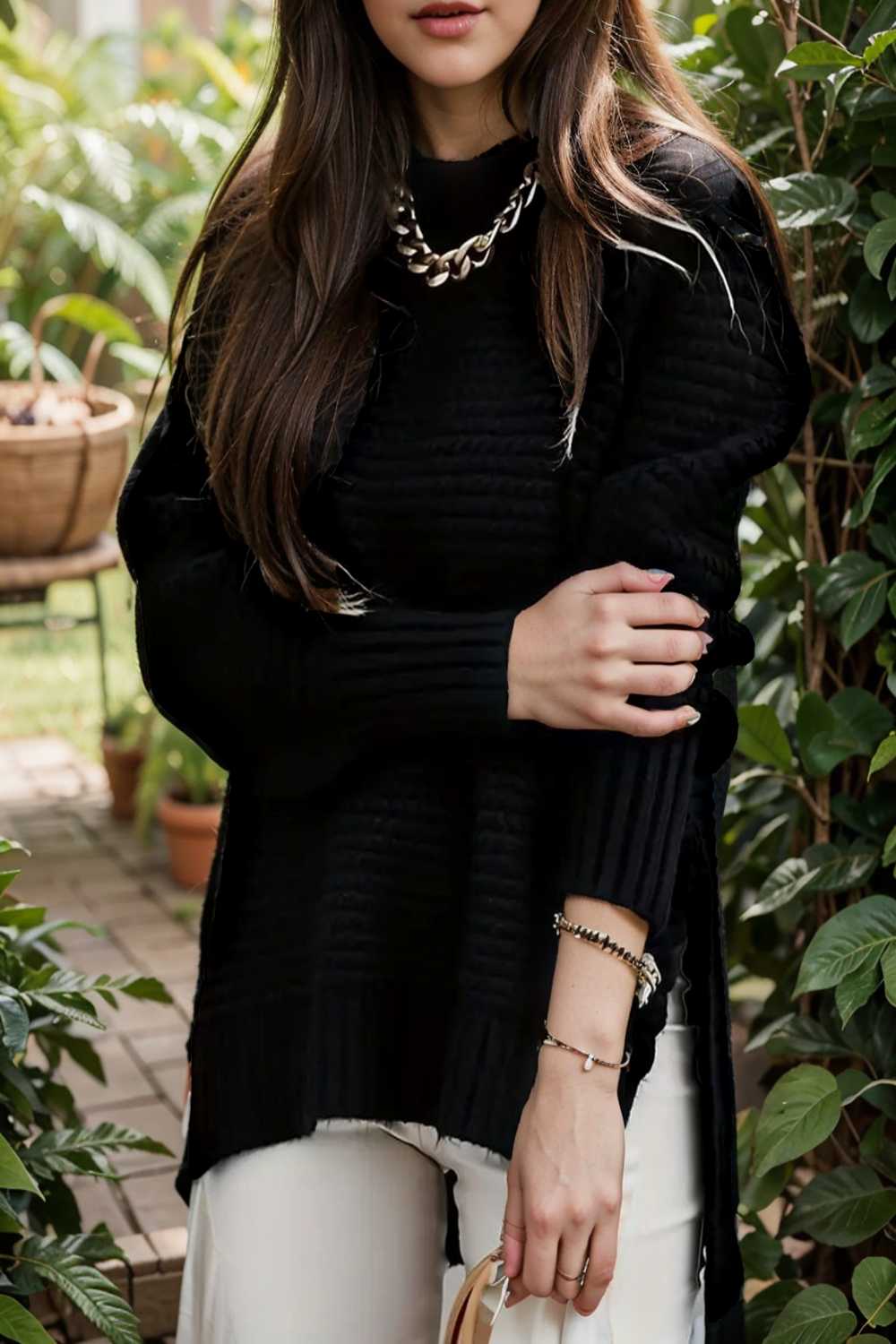 casual chunky knit mock neck long sleeve split pullover sweater 107421