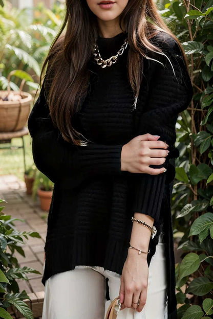 casual chunky knit mock neck long sleeve split pullover sweater 107421
