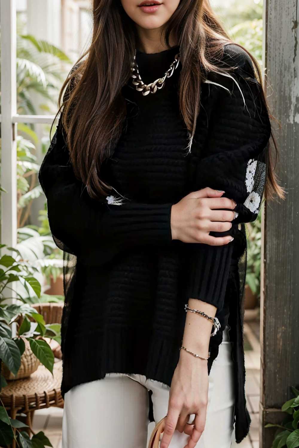 casual chunky knit mock neck long sleeve split pullover sweater 105604