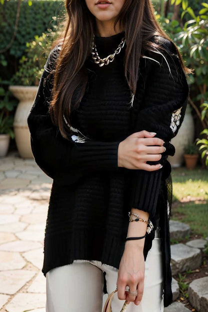 casual chunky knit mock neck long sleeve split pullover sweater 108775