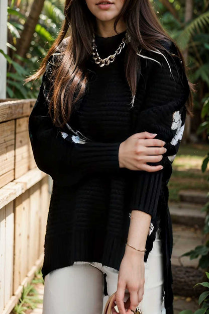 casual chunky knit mock neck long sleeve split pullover sweater 108774