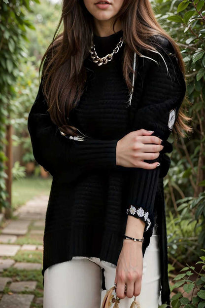 casual chunky knit mock neck long sleeve split pullover sweater 108773