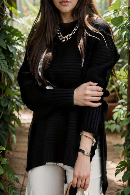 casual chunky knit mock neck long sleeve split pullover sweater 108772