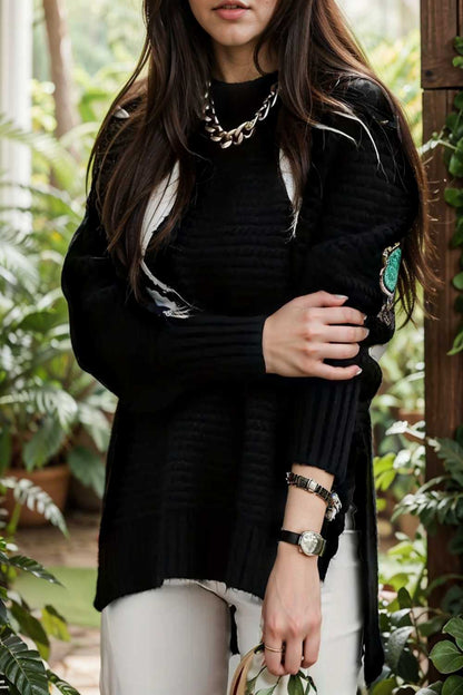 casual chunky knit mock neck long sleeve split pullover sweater 108771