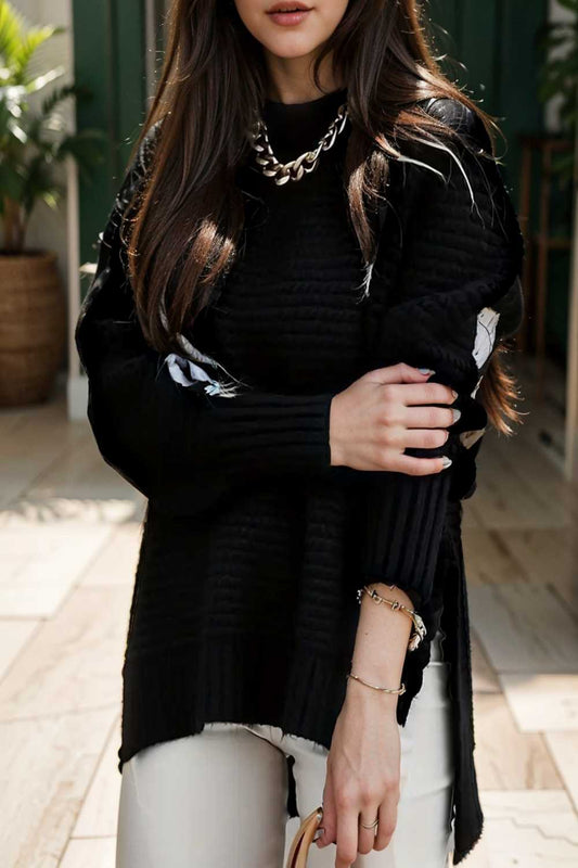 casual chunky knit mock neck long sleeve split pullover sweater 148717